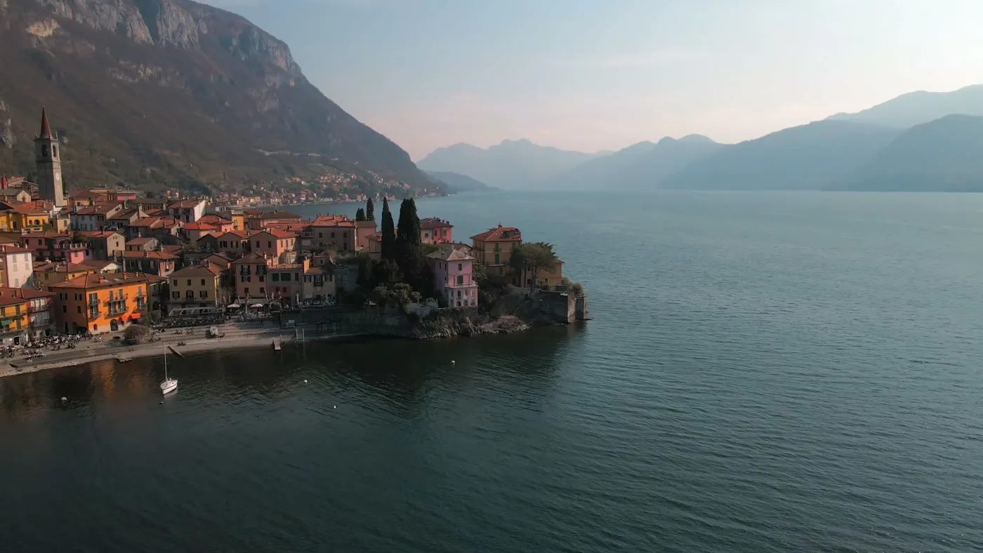 Aerial view of Varenna on Lake Como in evening light.