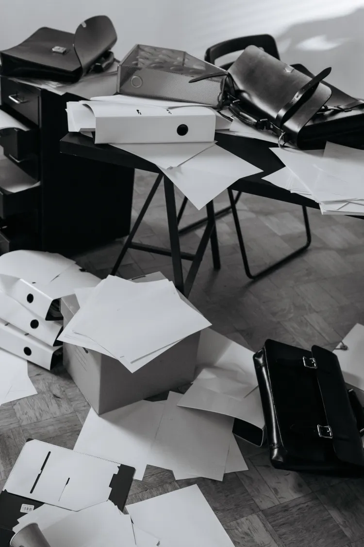 An empty office with papers and folders scattered across the floor.